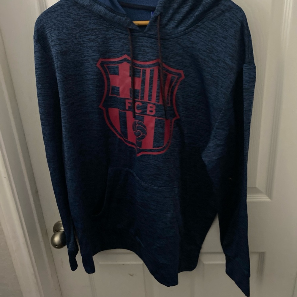 FCB FC Barcelona Hoodie Mens L Blue Pullover Sweatshirt Barcelona Spain